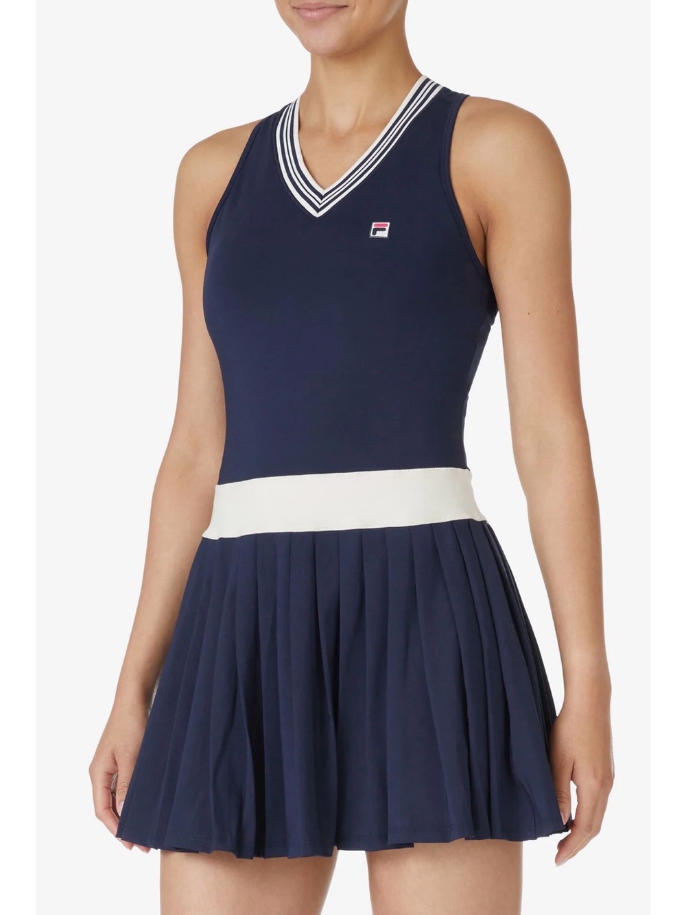Fila Navy and White V-Neck Pleated Tennis Dress